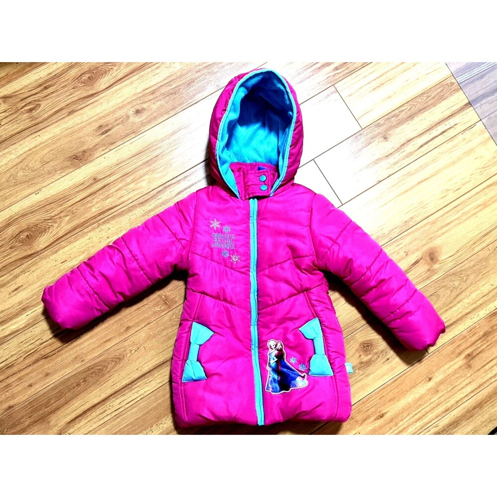 Disney Frozen Hooded Puffer Jacket Girls Size 3T Pink & Blue Snowflakes Fleece